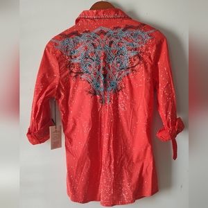 Red and white roar embroidered button-down shirt